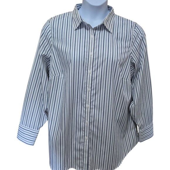 Lands End Button-Down Shirt 18W No Iron Supima Striped Blue & White Long Sleeve - Picture 1 of 9